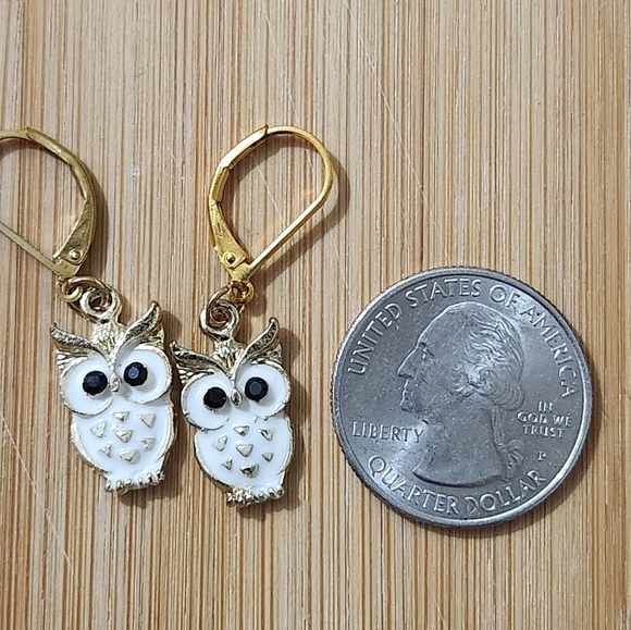 Hand Crafted Gold and White Owl Earrings Pierced Lever Back Enamel - Picture 2 of 7